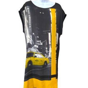 Promod Black Dress Yellow Taxi Black White City Photo Print Sz L #03